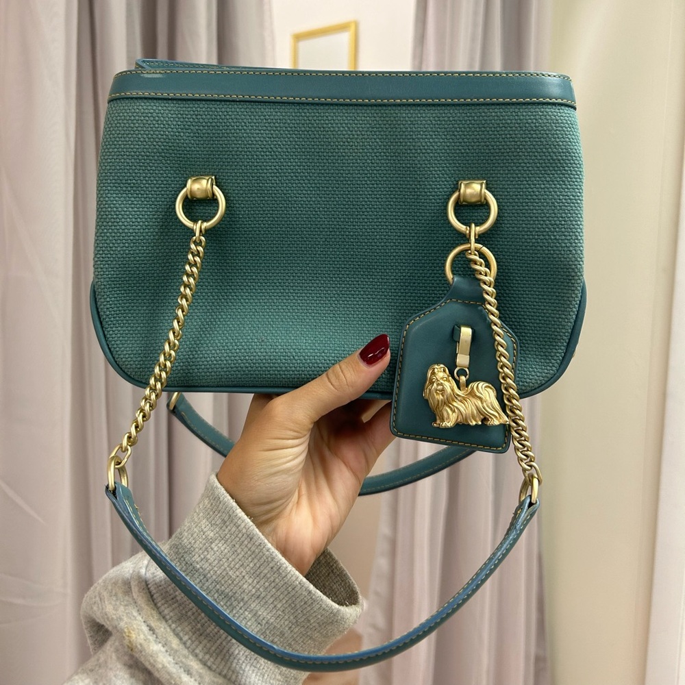 Rare Barry Keiselstein-Cord Leather Shih Tzu Dog Gold Chain Shoulder Bag Teal